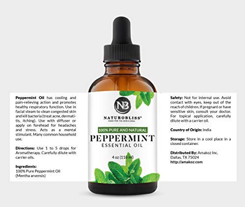 NaturoBliss Peppermint Essential Oil, 100% Pure and Natural Therapeutic Grade, Premium Quality Peppermint Oil, 4 fl. Oz - Perfect for Aromatherapy and Relaxation