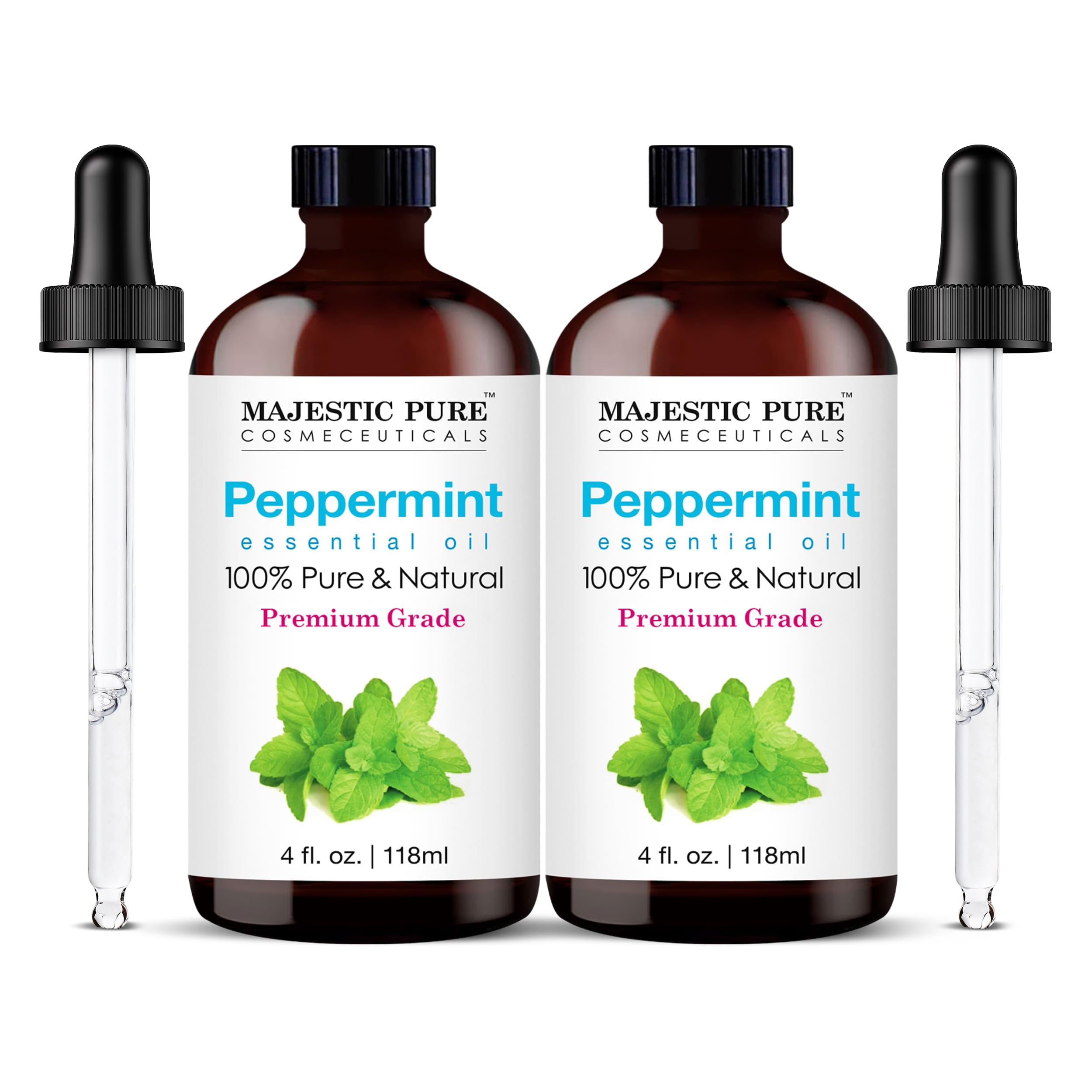 MAJESTIC PURE Peppermint Essential Oil | 100% Pure and Natural Peppermint Oil | Premium Grade Essential Oils for Hair Care, Home Diffusers, Aromatherapy, Massage and Humidifiers | 4 Fl Oz (Pack of 2)