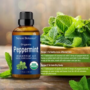 Organic Peppermint Essential Oil 30 ml - 100% Pure Peppermint Oil for Diffuser -Natural, Undiluted Menthol Oil for Hair Care - Mint Oil for Skin Care - Pure Essential Oils Peppermint - Nexon Botanics