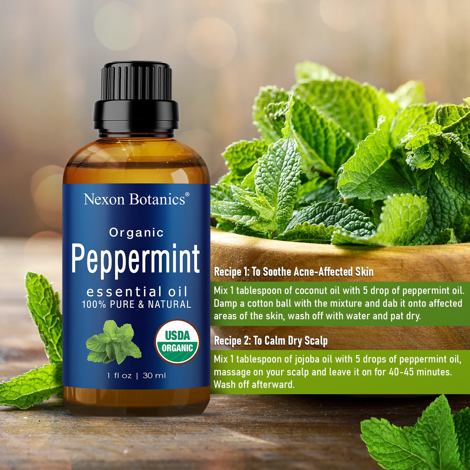 Organic Peppermint Essential Oil 30 ml - 100% Pure Peppermint Oil for Diffuser -Natural, Undiluted Menthol Oil for Hair Care - Mint Oil for Skin Care - Pure Essential Oils Peppermint - Nexon Botanics