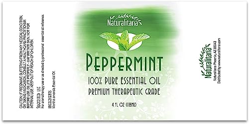 Naturalitana Peppermint Essential Oil - Therapeutic Grade for Aromatherapy, Diffuser, Hair, Stress, Relaxation, Dropper - 4 fl oz - Mint Scented Oil - Mint Oil