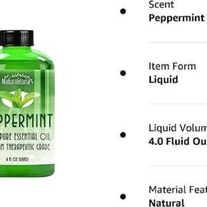 Naturalitana Peppermint Essential Oil - Therapeutic Grade for Aromatherapy, Diffuser, Hair, Stress, Relaxation, Dropper - 4 fl oz - Mint Scented Oil - Mint Oil