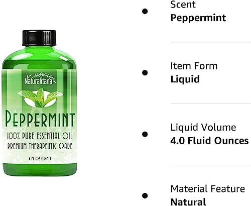 Naturalitana Peppermint Essential Oil - Therapeutic Grade for Aromatherapy, Diffuser, Hair, Stress, Relaxation, Dropper - 4 fl oz - Mint Scented Oil - Mint Oil