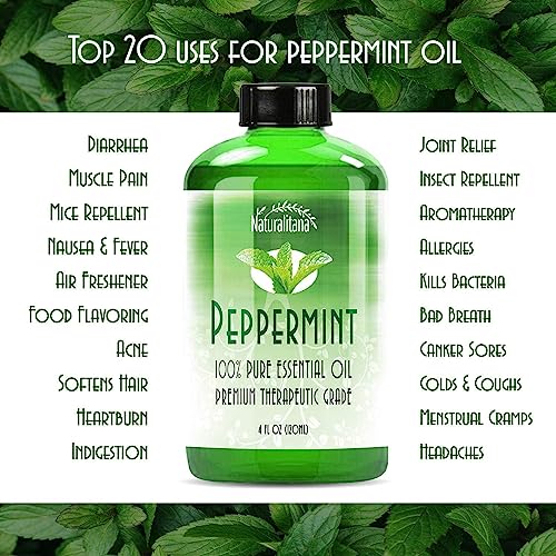 Naturalitana Peppermint Essential Oil - Therapeutic Grade for Aromatherapy, Diffuser, Hair, Stress, Relaxation, Dropper - 4 fl oz - Mint Scented Oil - Mint Oil