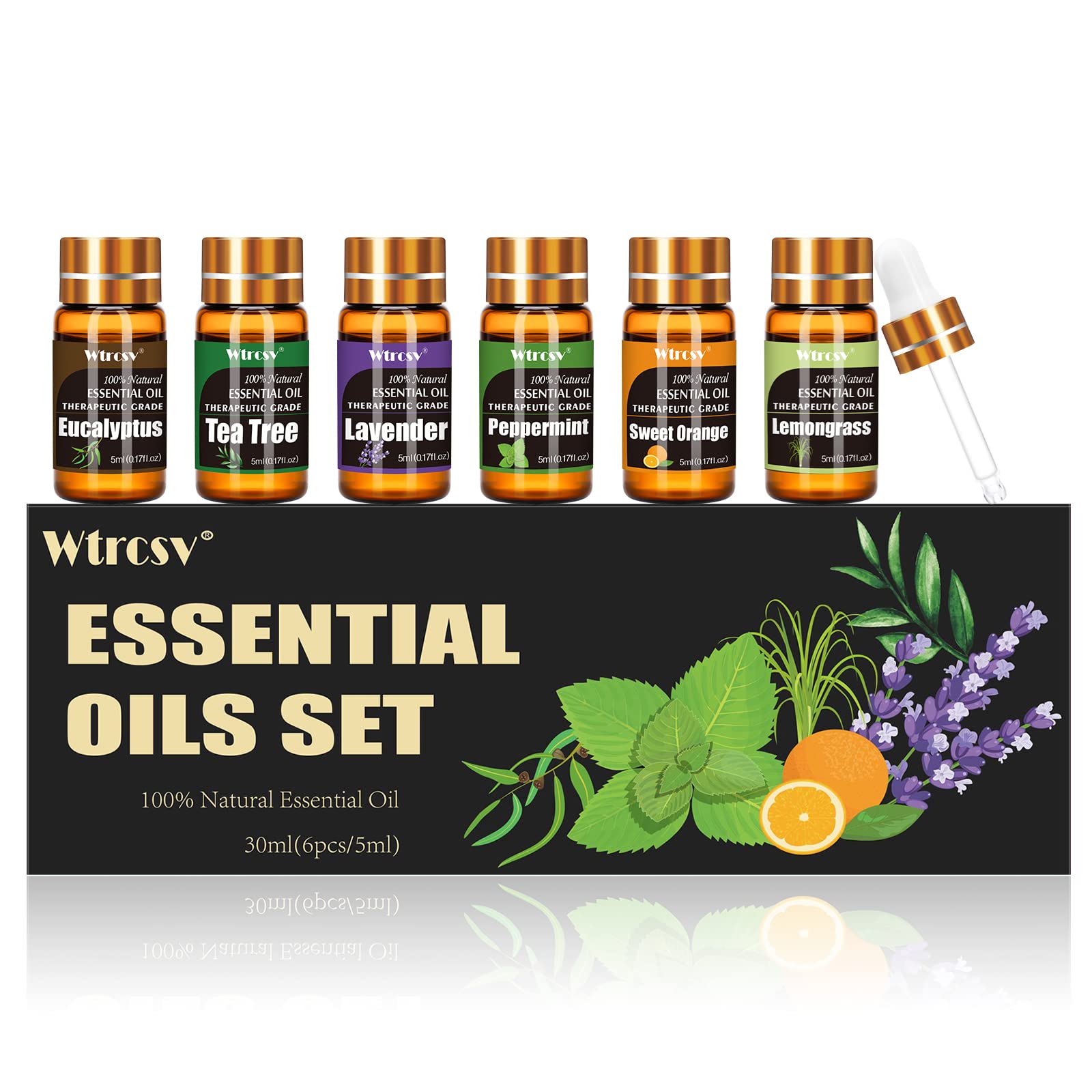 Wtrcsv Essential Oils Set- 6 Aromatherapy Oils -Perfect for Diffuser, Humidifier,Aromatherapy, Candle Making, Massage-Peppermint, Tea Tree, Lavender, Eucalyptus, Lemongrass, Sweet Orange（5ml）