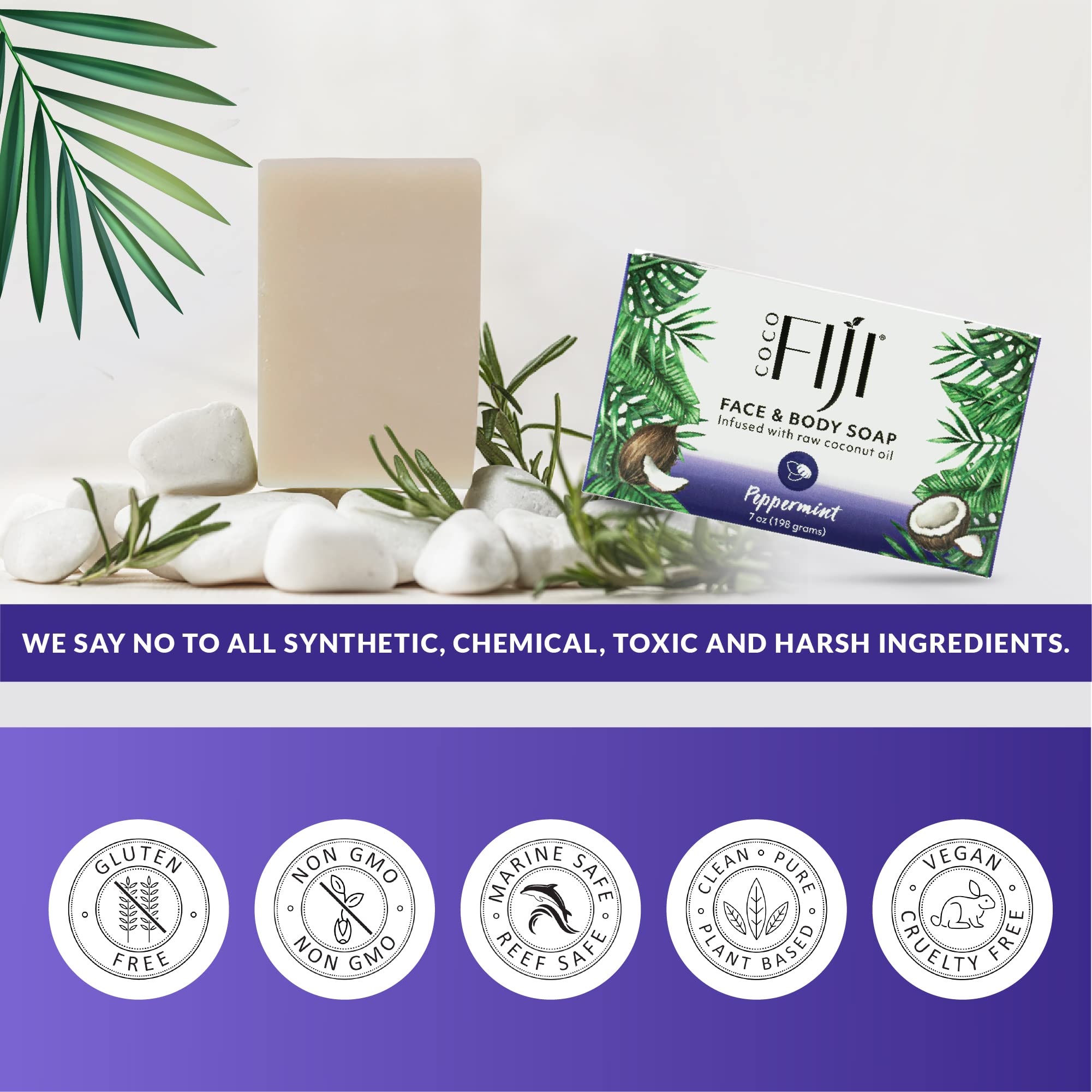 Coco Fiji Soap Bar for Face and Body Infused With Organic Coconut Oil, Peppermint, Essential Oil, Natural Soap for Moisturizing & Pore Purifying Skin, 7 oz,Pack of 2