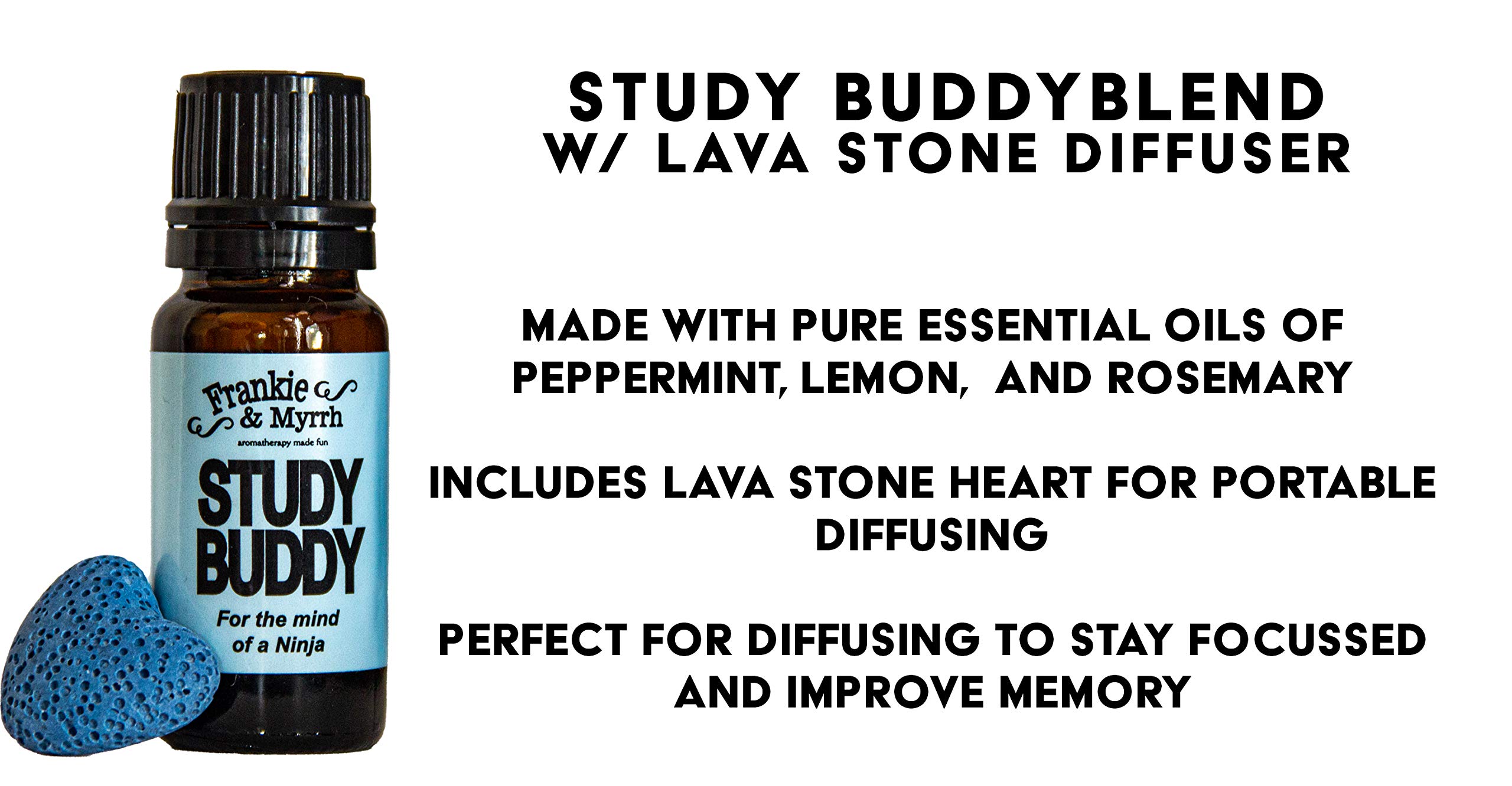 Frankie & Myrrh Study Buddy | Peppermint, Lemon, Rosemary Essential Oil Blend for Focus, Memory | includes Portable Lava Stone Diffuser|10mL