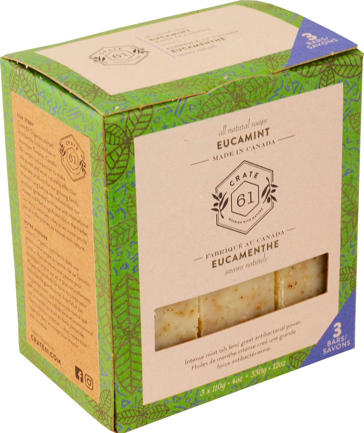 Crate 61, Handmade in Canada, Plant Based Cold Process Natural Bar Soap For Face And Body, With Premium Essential Oils, Eucalyptus & Peppermint For Men And Women 3 Pack (Eucamint)