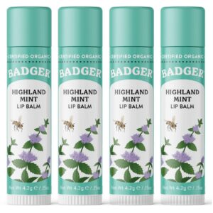 badger - classic lip balm, highland mint, made with organic olive oil, beeswax & rosemary, certified organic, moisturizing lip balm, 0.15 oz (4 pack)