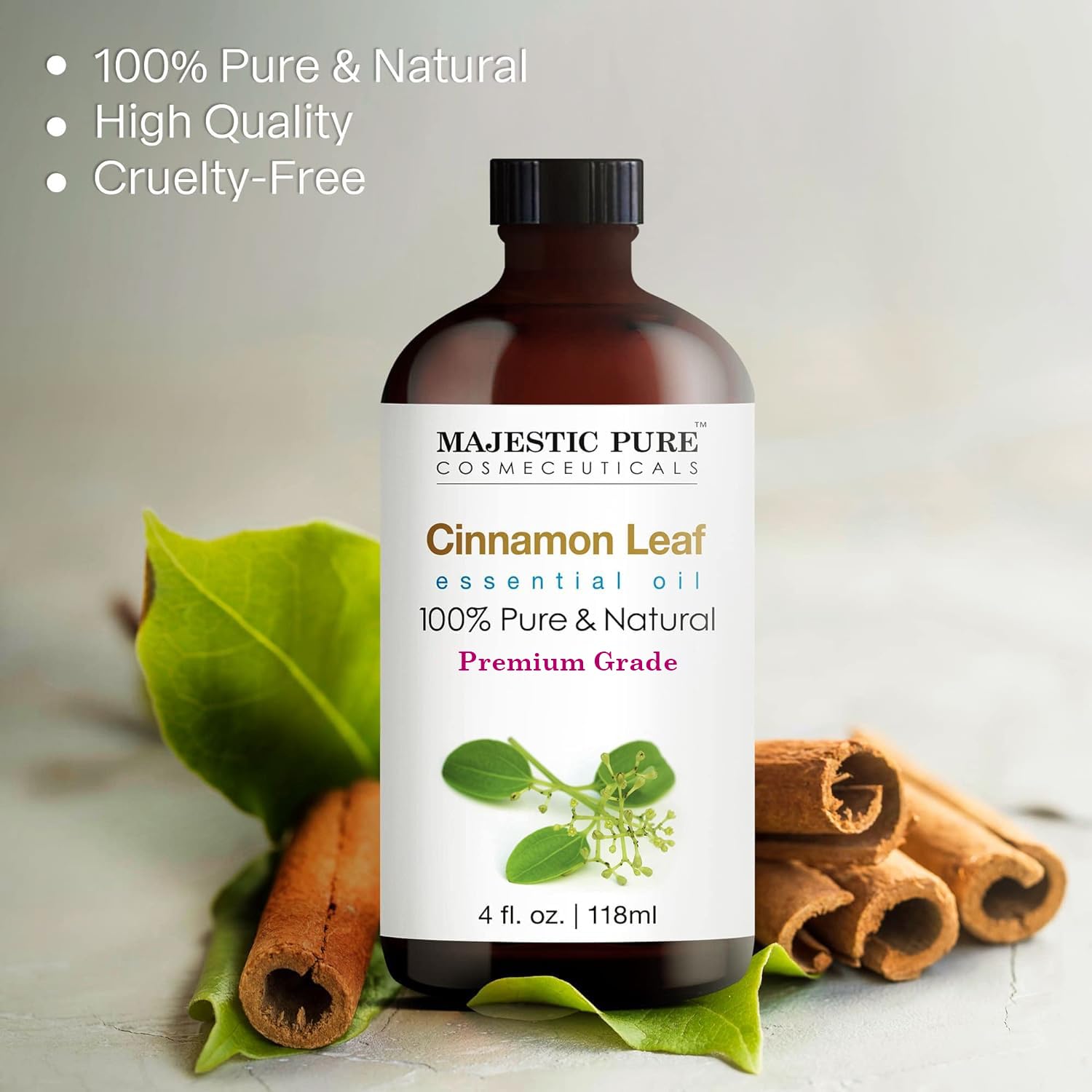 MAJESTIC PURE Cinnamon Essential Oil | 100% Pure and Natural Cinnamon Oil | Premium Grade Essential Oils for Hair Care, Home Diffusers, Skin, Aromatherapy, Massage and Humidifiers | 4 Fl Oz