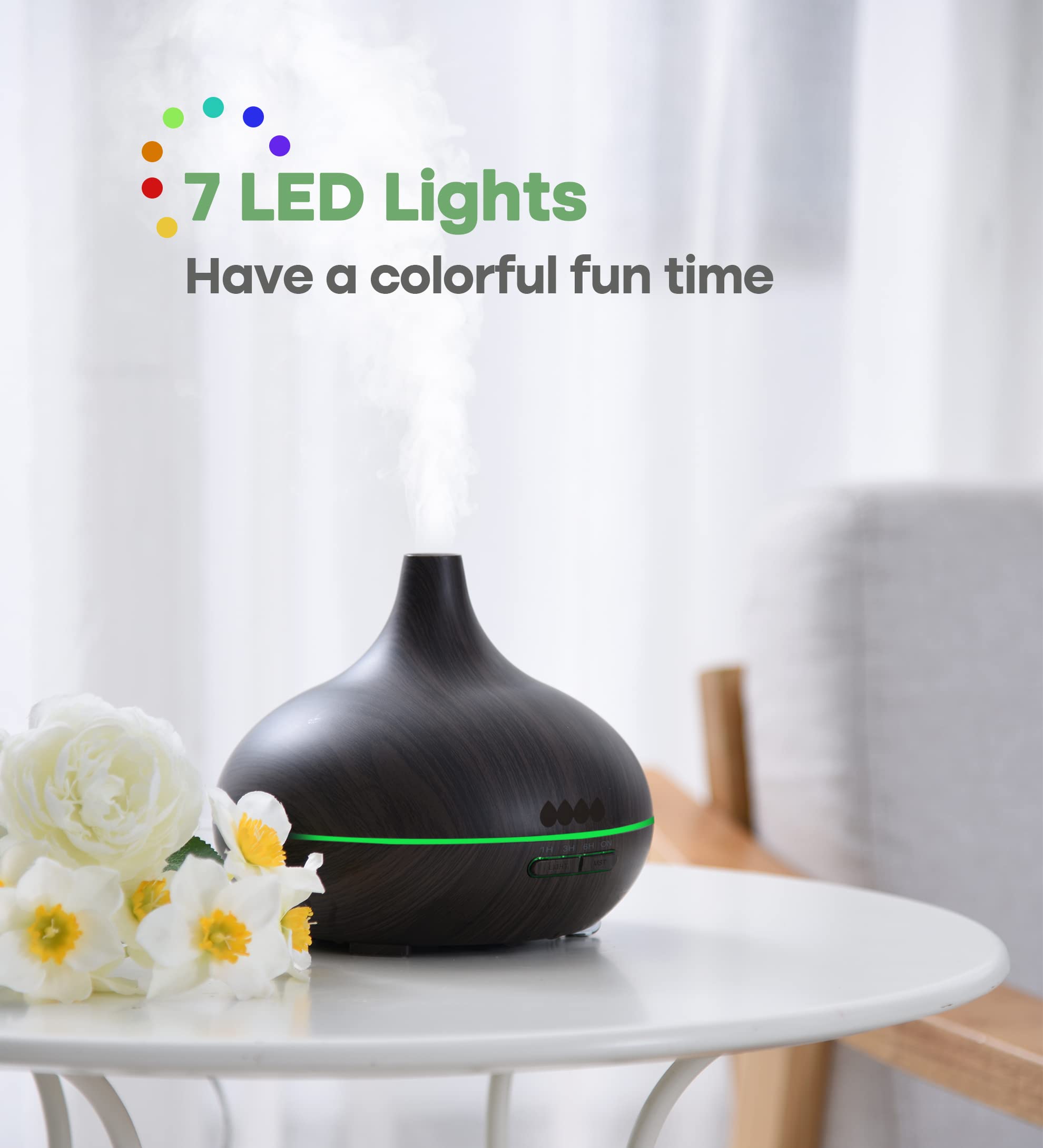 SEDAVY Oil Diffuser, 500ml Aromatherapy Diffuser with 6x10ml Included, 7x2 Colorful LED Night Light, 23dB Quiet BPA-Free Essential Oil Diffusers for Home, 16H Lasting, 4 Timers, Auto Off, Black