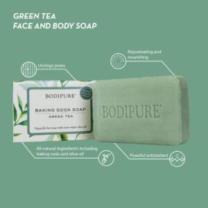 Bodipure Green Tea Bar Soap - Refreshing and Moisturizing Soap For Face and Body - With Olive Oil and Baking Soda 4.4 Ounces, 3 Bars