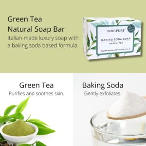 Bodipure Green Tea Bar Soap - Refreshing and Moisturizing Soap For Face and Body - With Olive Oil and Baking Soda 4.4 Ounces, 3 Bars