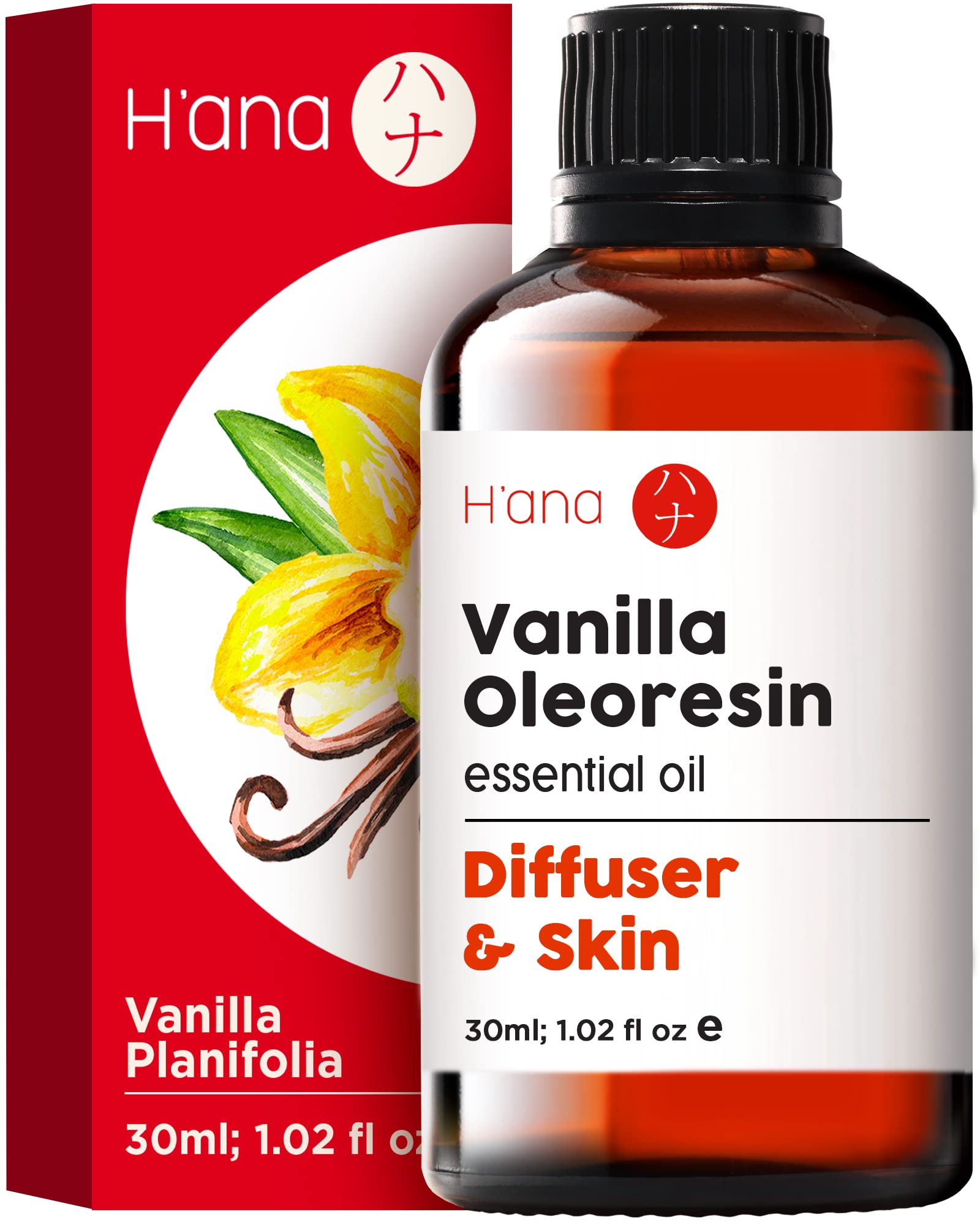 H’ana Vanilla Essential Oil for Diffuser & Skin (1 fl oz) - 100% Natural Vanilla Oleoresin Essential Oil - Fragrant and Long Lasting Vanilla Oil Perfume