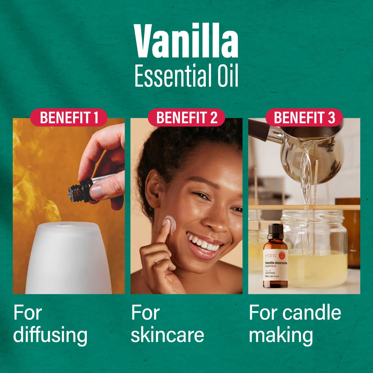 H’ana Vanilla Essential Oil for Diffuser & Skin (1 fl oz) - 100% Natural Vanilla Oleoresin Essential Oil - Fragrant and Long Lasting Vanilla Oil Perfume