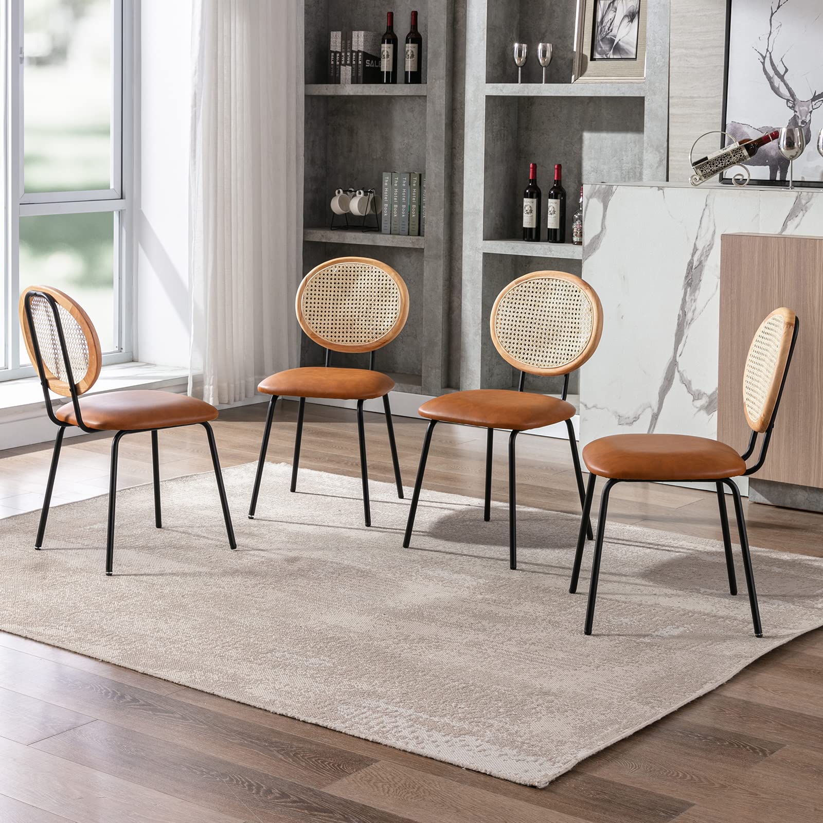 Soohow Faux Leather Indoor Kitchen Set of 2 with Rattan Backrest Modern Industrial Upholstered mid Century Metal Chair Set of 4 Suitable for Dining Room, 4 pcs, Z-Whiskey Brown