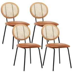 Soohow Faux Leather Indoor Kitchen Set of 2 with Rattan Backrest Modern Industrial Upholstered mid Century Metal Chair Set of 4 Suitable for Dining Room, 4 pcs, Z-Whiskey Brown