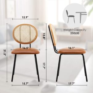 Soohow Faux Leather Indoor Kitchen Set of 2 with Rattan Backrest Modern Industrial Upholstered mid Century Metal Chair Set of 4 Suitable for Dining Room, 4 pcs, Z-Whiskey Brown