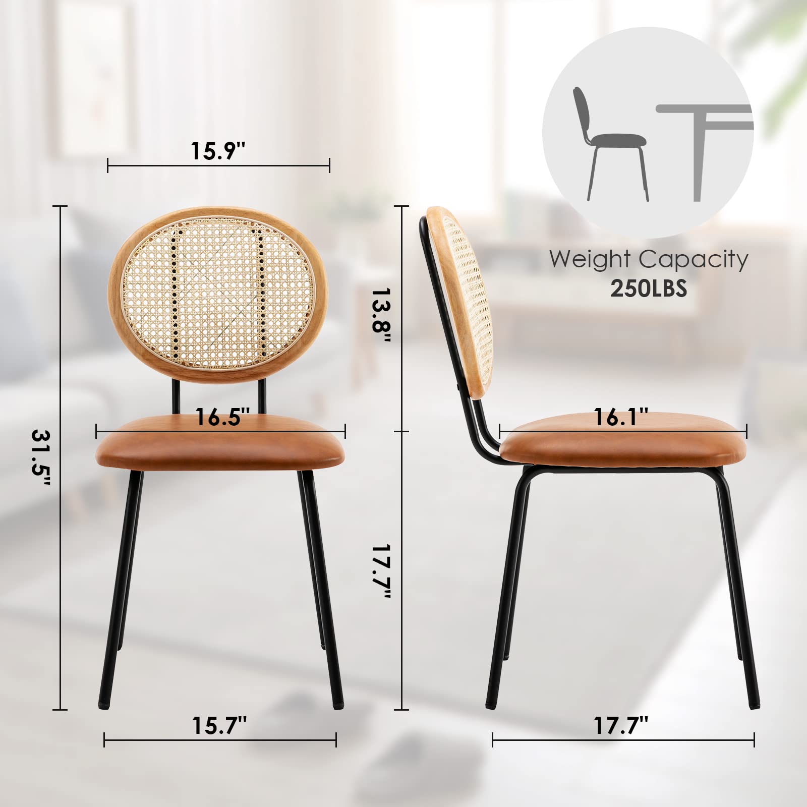 Soohow Faux Leather Indoor Kitchen Set of 2 with Rattan Backrest Modern Industrial Upholstered mid Century Metal Chair Set of 4 Suitable for Dining Room, 4 pcs, Z-Whiskey Brown