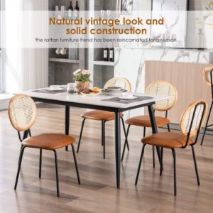 Soohow Faux Leather Indoor Kitchen Set of 2 with Rattan Backrest Modern Industrial Upholstered mid Century Metal Chair Set of 4 Suitable for Dining Room, 4 pcs, Z-Whiskey Brown