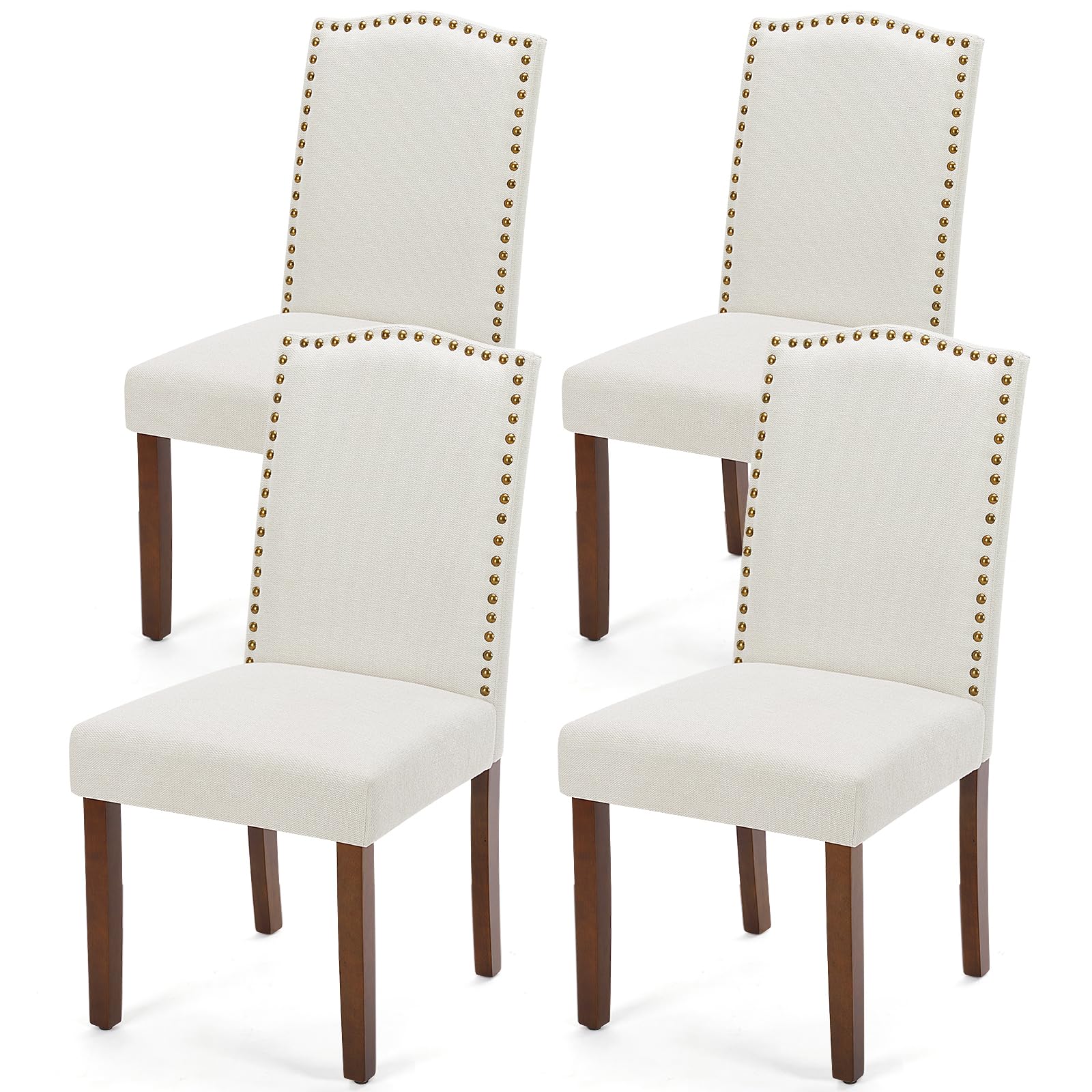 MCQ Upholstered Dining Chairs Set of 4, Modern Upholstered Fabric Dining Room Chair with Nailhead Trim and Wood Legs, Mid-Century Accent Dinner Chair for Living Room, Kitchen, Beige