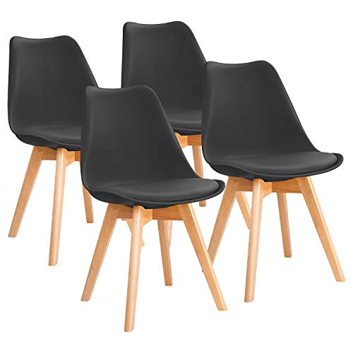 Furniwell Mid Century Modern DSW Upholstered Side Chairs with Wood Leg and Soft Padded Cushion for Kitchen, Dining, Bedroom, Living Room Set of 4 (Black), 22.4D x 21.2W x 18.5H