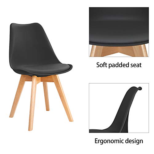 Furniwell Mid Century Modern DSW Upholstered Side Chairs with Wood Leg and Soft Padded Cushion for Kitchen, Dining, Bedroom, Living Room Set of 4 (Black), 22.4D x 21.2W x 18.5H