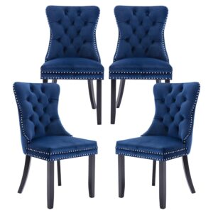 Kiztir Velvet Dining Chairs Set of 4, Upholstered Dining Chair with Nailhead Trim and Solid Wood Legs, Navy Luxury Wingback Dining Side Chair for Living Room, Bedroom, Kitchen