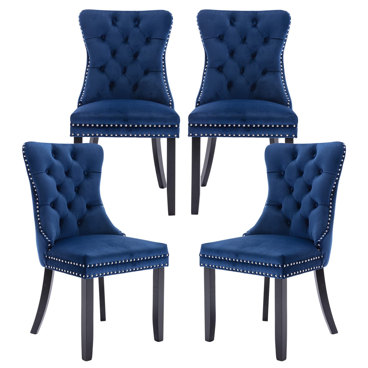 Kiztir Velvet Dining Chairs Set of 4, Upholstered Dining Chair with Nailhead Trim and Solid Wood Legs, Navy Luxury Wingback Dining Side Chair for Living Room, Bedroom, Kitchen