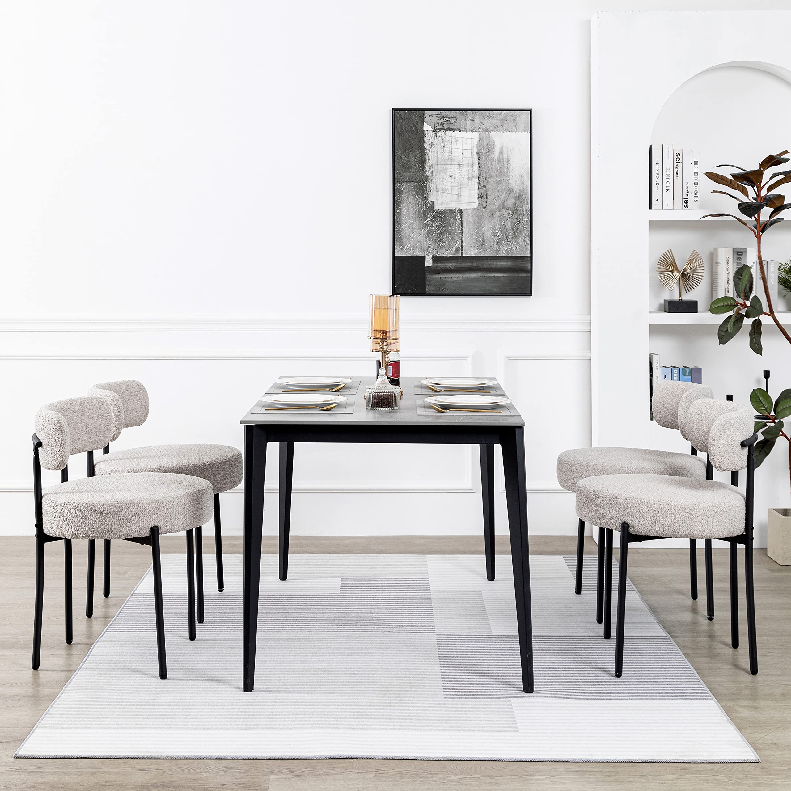 DYHOME Light Grey Dining Chairs Set of 4, Modern Dining Room Chairs Mid-Century, Round Upholstered Kitchen Chairs with Black Metal Legs, Boucle Sherpa Dining Chair