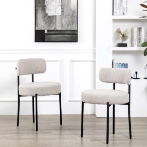 DYHOME Light Grey Dining Chairs Set of 4, Modern Dining Room Chairs Mid-Century, Round Upholstered Kitchen Chairs with Black Metal Legs, Boucle Sherpa Dining Chair