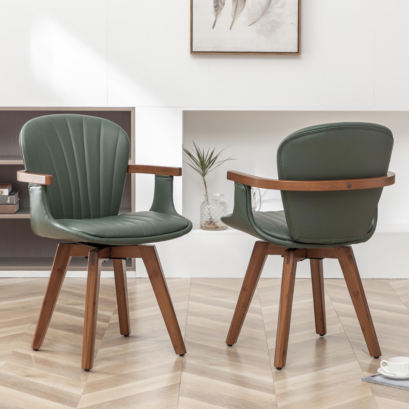 LUNLING Swivel Dining Chairs Set of 2, Mid Century Modern Green Faux Leather Kitchen Chairs with Arms,Bamboo Legs Side Chairs No Wheels,Accent Chair for Dining Rooms and Offices