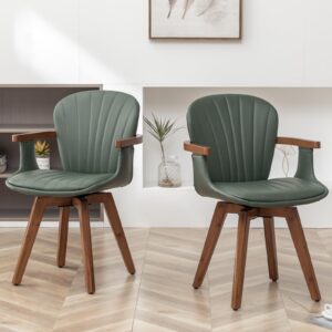 LUNLING Swivel Dining Chairs Set of 2, Mid Century Modern Green Faux Leather Kitchen Chairs with Arms,Bamboo Legs Side Chairs No Wheels,Accent Chair for Dining Rooms and Offices