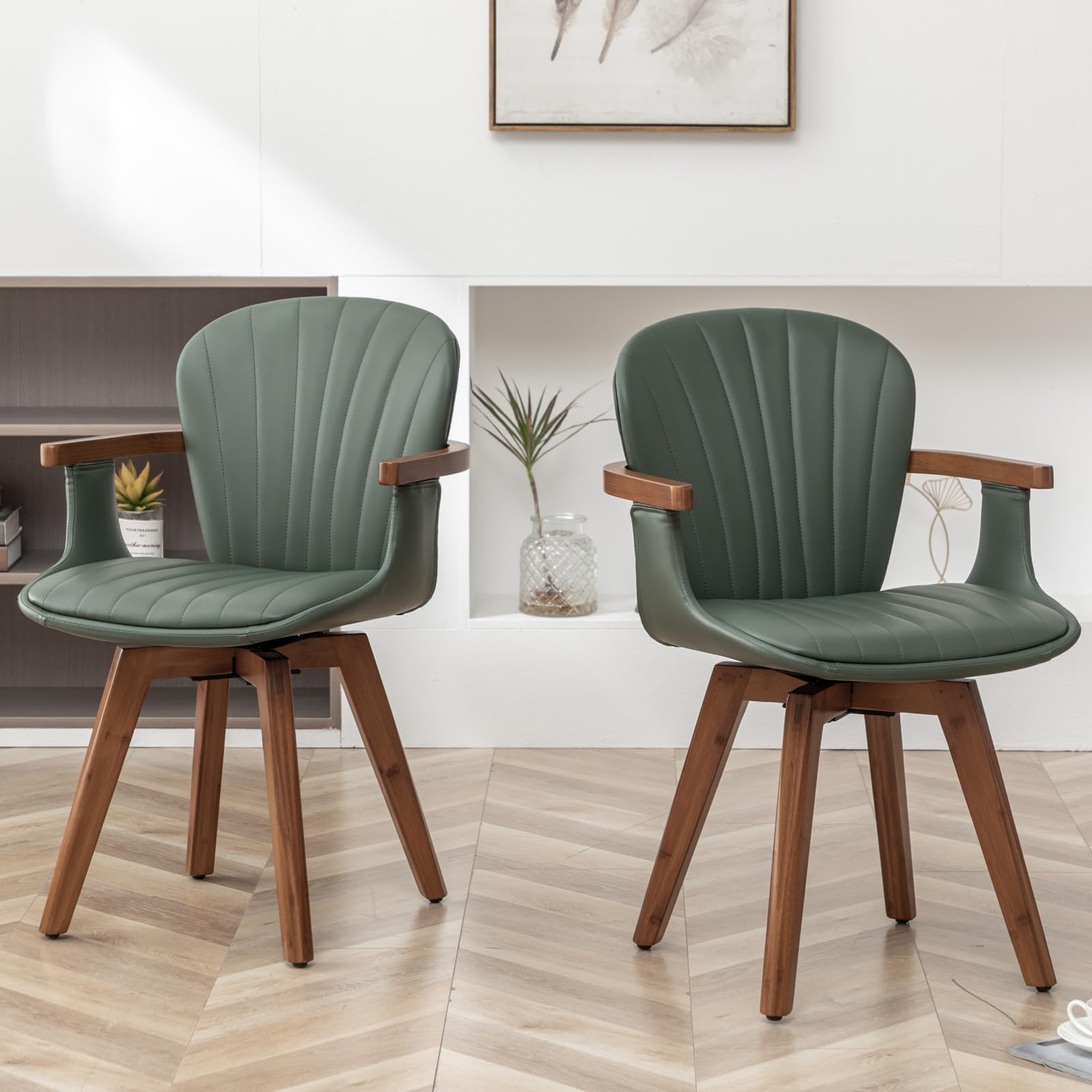 LUNLING Swivel Dining Chairs Set of 2, Mid Century Modern Green Faux Leather Kitchen Chairs with Arms,Bamboo Legs Side Chairs No Wheels,Accent Chair for Dining Rooms and Offices