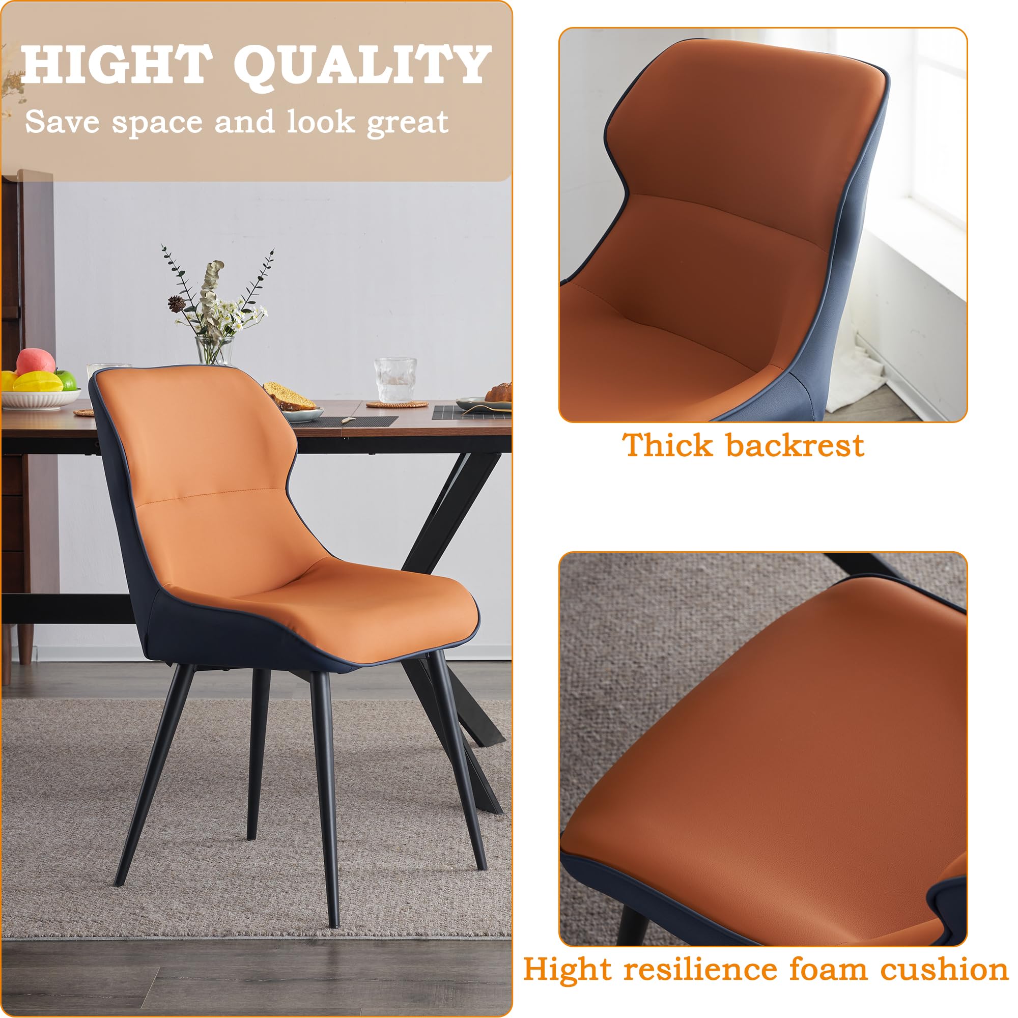 THEETHUNG Upholstered Leather Dining Chair Set of 4, Kitchen Chair with Blakc Metal Legs Armless Dinner Chair for Dining Room Living Room Bedroom, Orange