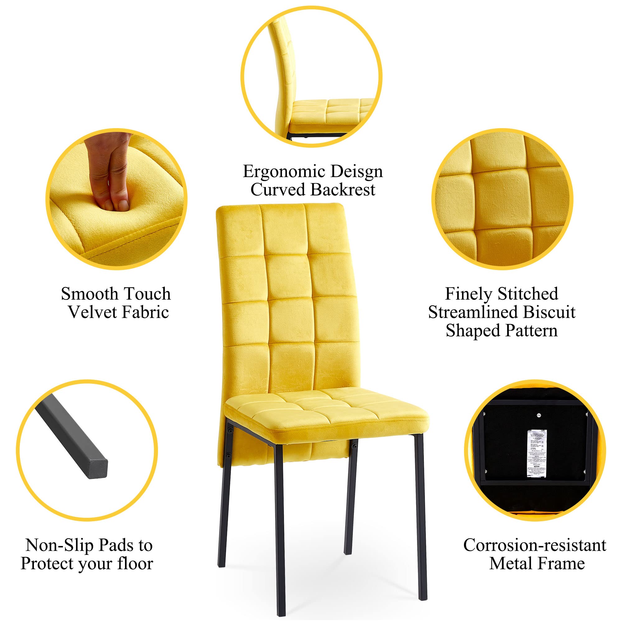 Velvet Dining Chairs Set of 4,Mid Century Modern Dining Room Chairs with Metal Legs,High Back Nordic Dining Chair Modern Fabric Chair for Living Room Kitchen Home Bedroom Vanity (Yellow)