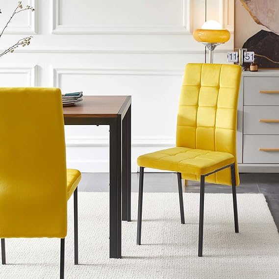 Velvet Dining Chairs Set of 4,Mid Century Modern Dining Room Chairs with Metal Legs,High Back Nordic Dining Chair Modern Fabric Chair for Living Room Kitchen Home Bedroom Vanity (Yellow)