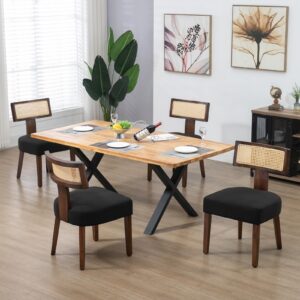 wqslhx rattan dining chairs set of 4, mid-century modern dining room chair set for kitchen, farmhouse dinner chair with cane curved back & hardwood frame in dark walnut finish, black linen upholstered