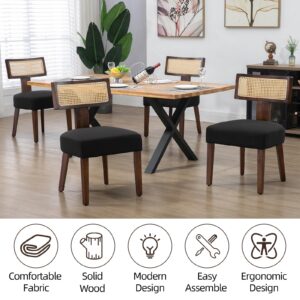 WQSLHX Rattan Dining Chairs Set of 4, Mid-Century Modern Dining Room Chair Set for Kitchen, Farmhouse Dinner Chair with Cane Curved Back & Hardwood Frame in Dark Walnut Finish, Black Linen Upholstered