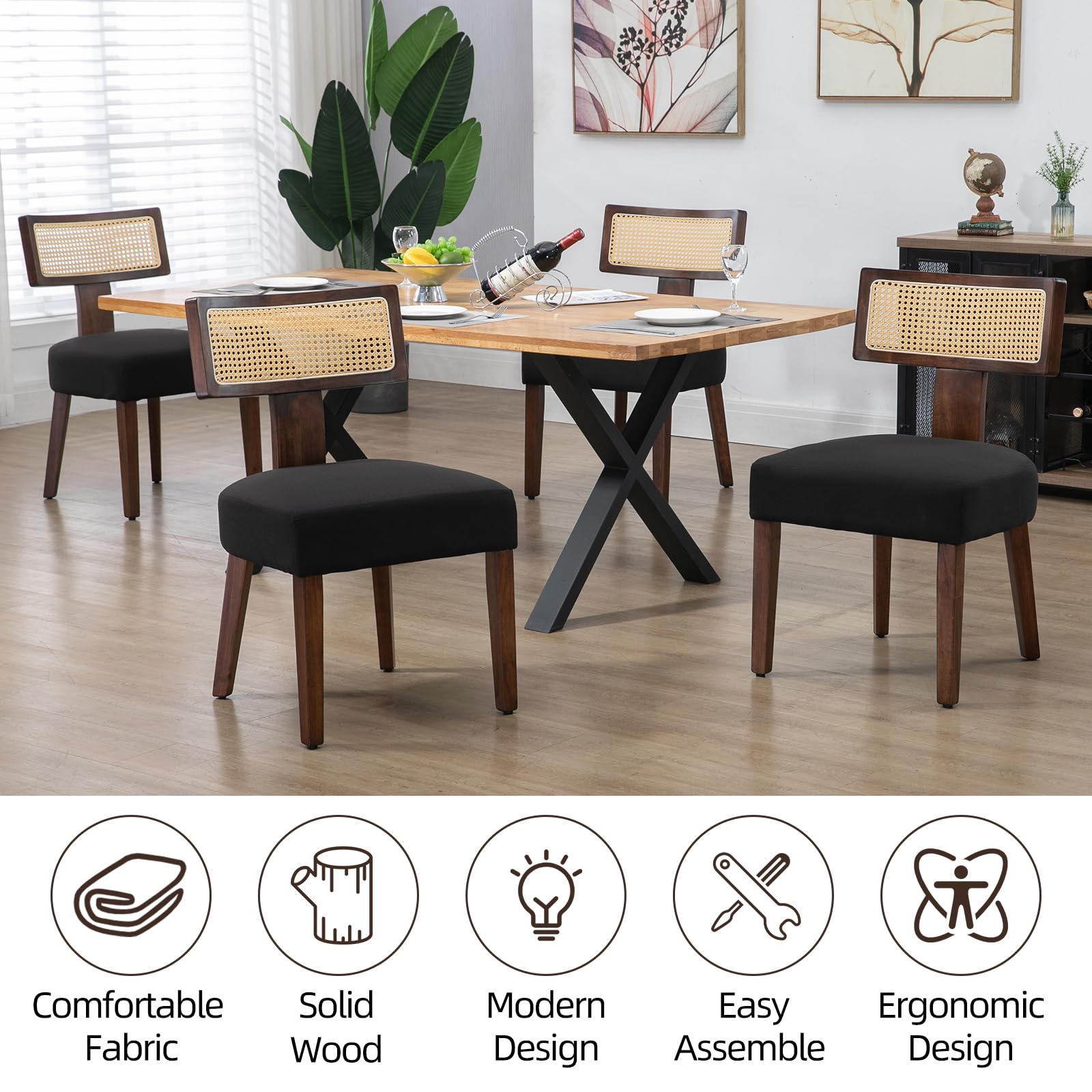 WQSLHX Rattan Dining Chairs Set of 4, Mid-Century Modern Dining Room Chair Set for Kitchen, Farmhouse Dinner Chair with Cane Curved Back & Hardwood Frame in Dark Walnut Finish, Black Linen Upholstered