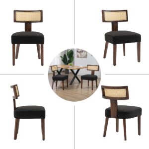 WQSLHX Rattan Dining Chairs Set of 4, Mid-Century Modern Dining Room Chair Set for Kitchen, Farmhouse Dinner Chair with Cane Curved Back & Hardwood Frame in Dark Walnut Finish, Black Linen Upholstered