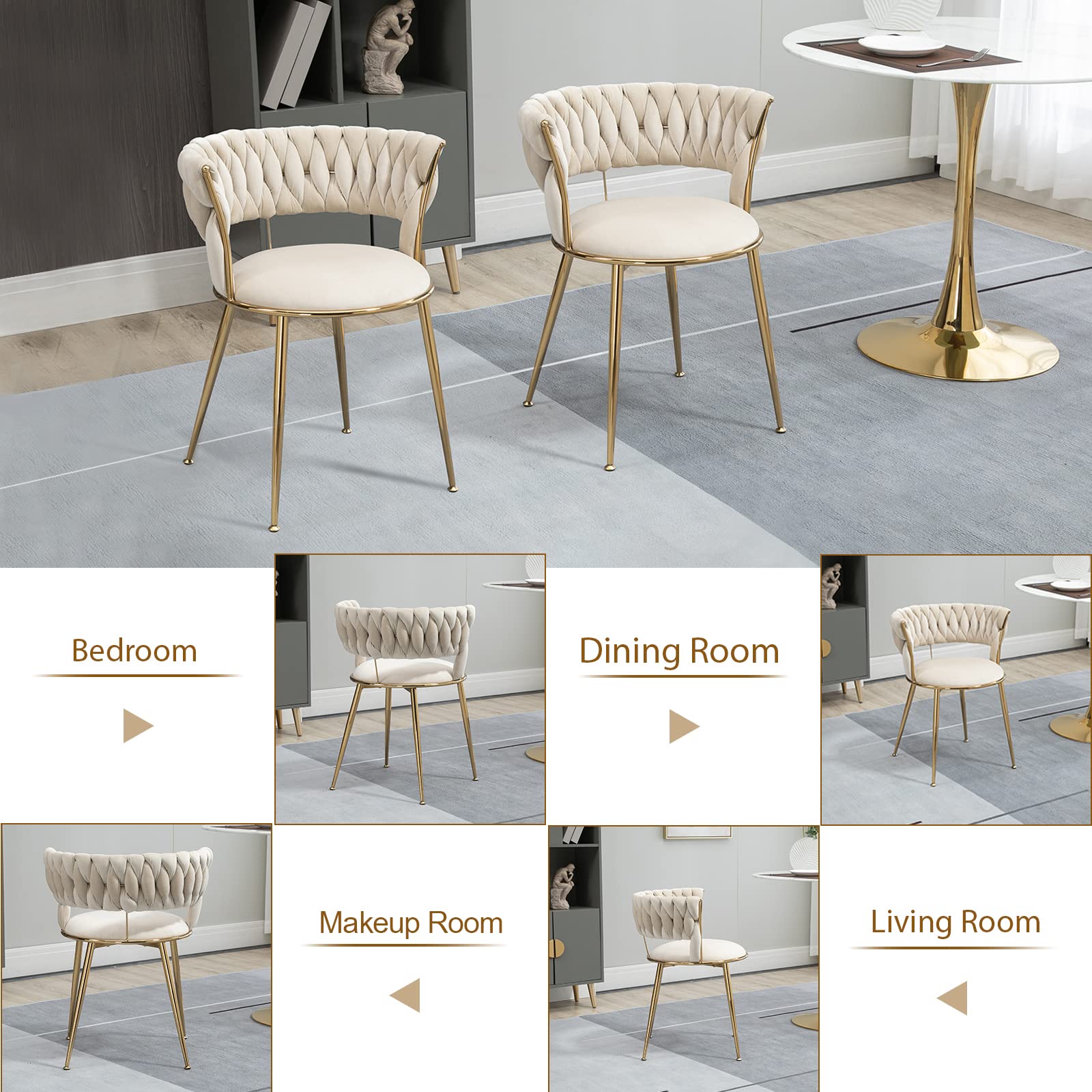 Modern Velvet Dining Chairs Set of 4, Upholstered Living Room Chair with Woven Back and Golden Metal Legs, Mid-Century Accent Side Chair for Dining Room, Living Room, Kitchen, Vanity Room, Ivory