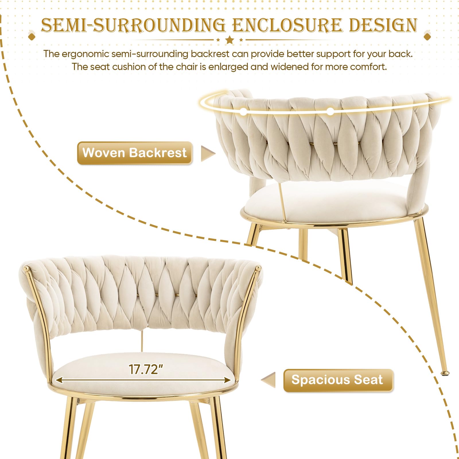 Modern Velvet Dining Chairs Set of 4, Upholstered Living Room Chair with Woven Back and Golden Metal Legs, Mid-Century Accent Side Chair for Dining Room, Living Room, Kitchen, Vanity Room, Ivory