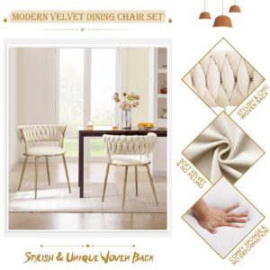 Modern Velvet Dining Chairs Set of 4, Upholstered Living Room Chair with Woven Back and Golden Metal Legs, Mid-Century Accent Side Chair for Dining Room, Living Room, Kitchen, Vanity Room, Ivory