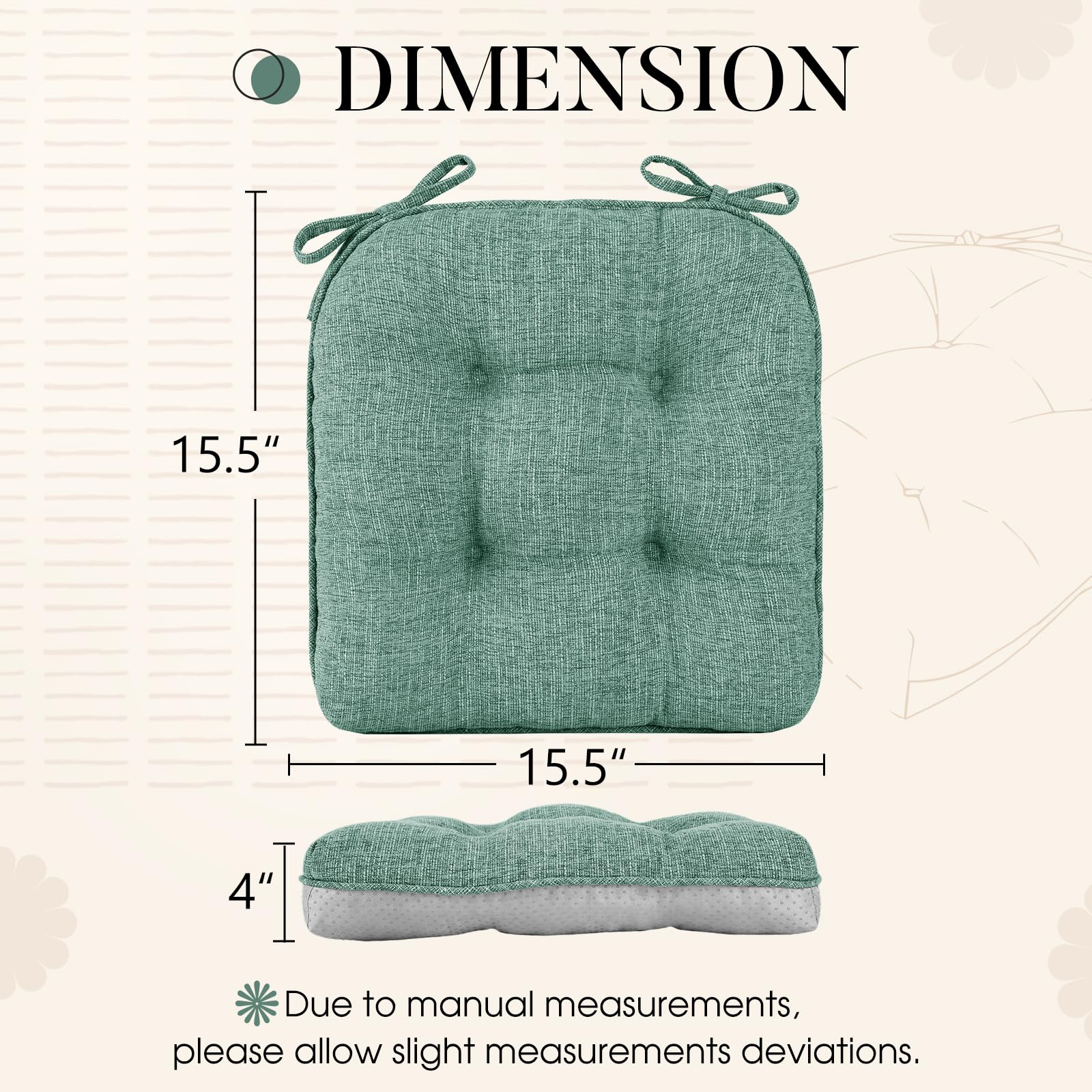 Basic Beyond Chair Cushions for Dining Chairs 4 Pack, Memory Foam Chair Cushion with Ties and Non Slip Backing, 15.5 x 15.5 Inches Tufted Chair Pads for Dining Chairs(Green)