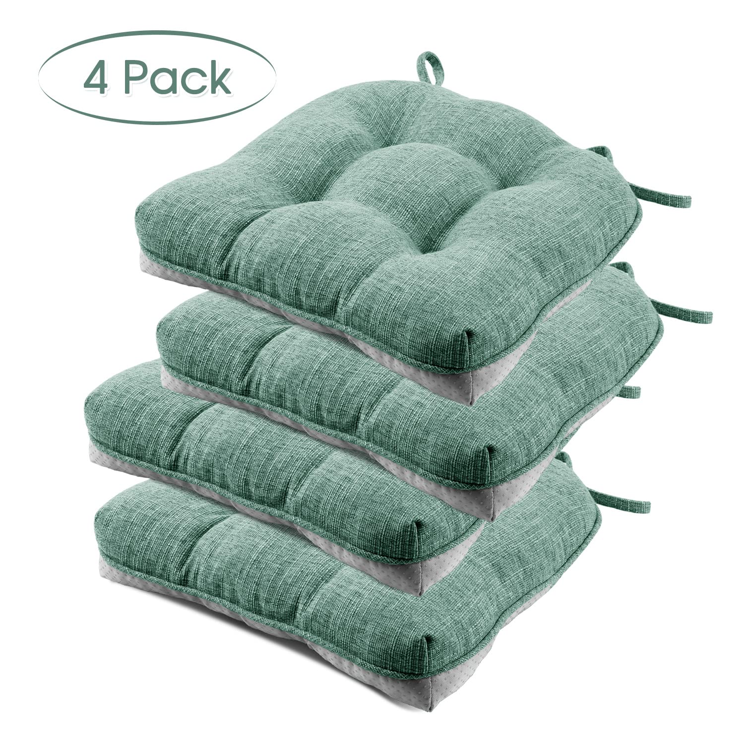 Basic Beyond Chair Cushions for Dining Chairs 4 Pack, Memory Foam Chair Cushion with Ties and Non Slip Backing, 15.5 x 15.5 Inches Tufted Chair Pads for Dining Chairs(Green)