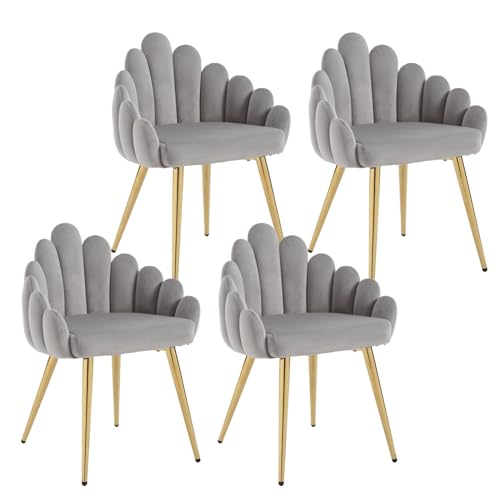 HEAH-YO Dining Chairs Set of 4, Upholstered Velvet Dining Room Chairs with Barrel Backrests and Gold Metal Legs, Comfy Accent Side Chairs for Living Room Kitchen, Grey