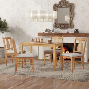 Merax, Drift Wood 5-Piece Set,Wooden Rectangular Table and 4 Upholstered Chairs for Kitchen,Dining Room