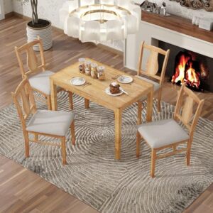 merax, drift wood 5-piece set,wooden rectangular table and 4 upholstered chairs for kitchen,dining room