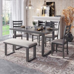 Prohon 60“L Rectangular Table with Strong Wood Legs, 4 Soft Comfort High Backrest Chairs and Upholstered Bench for 6, Minimalist Style Dining Set for Kitchen/Living Room/Apartments, Gray